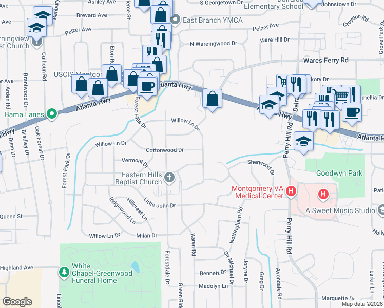 map of restaurants, bars, coffee shops, grocery stores, and more near 3544 Cottonwood Dr in Montgomery