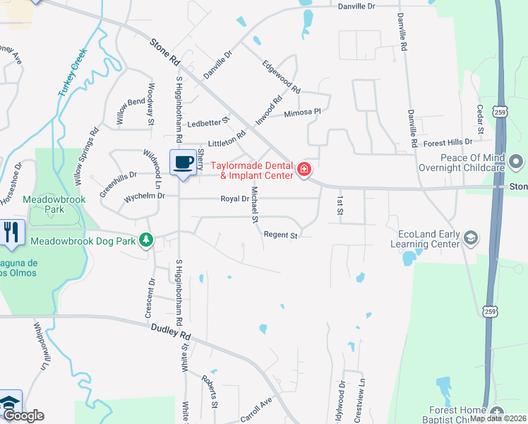 map of restaurants, bars, coffee shops, grocery stores, and more near 2903 Crestwood Lane in Kilgore