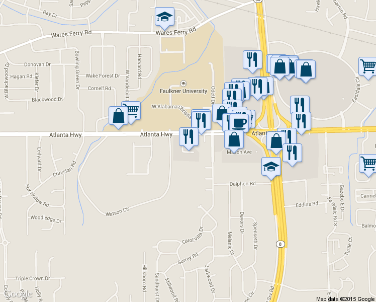 map of restaurants, bars, coffee shops, grocery stores, and more near 5340 Atlanta Highway in Montgomery