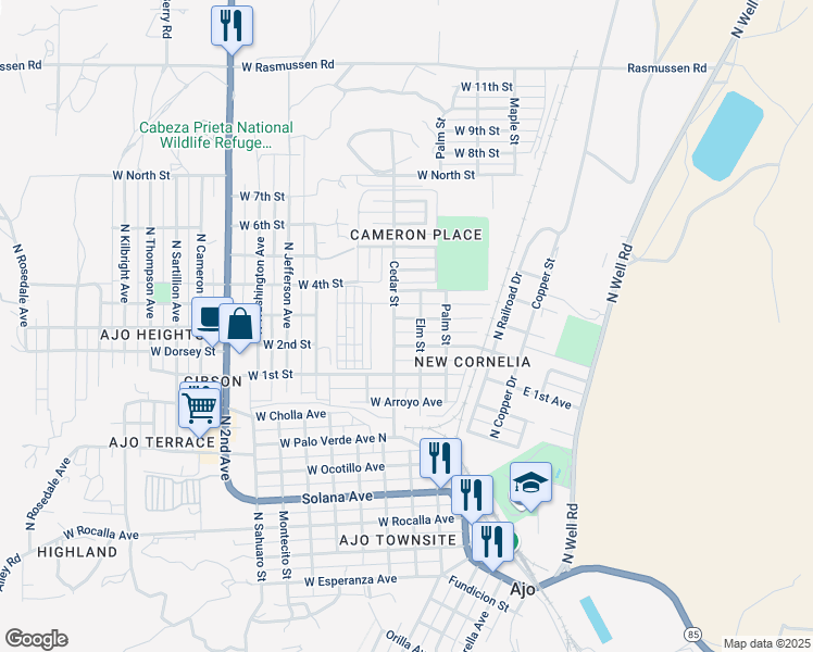 map of restaurants, bars, coffee shops, grocery stores, and more near 341 West 3rd Avenue in Ajo