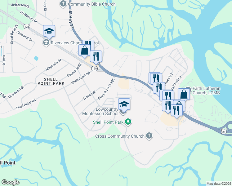 map of restaurants, bars, coffee shops, grocery stores, and more near 324 Coquinas Court in Beaufort
