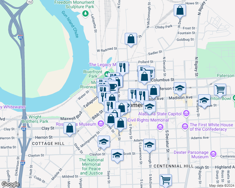 map of restaurants, bars, coffee shops, grocery stores, and more near 246 North Court Street in Montgomery
