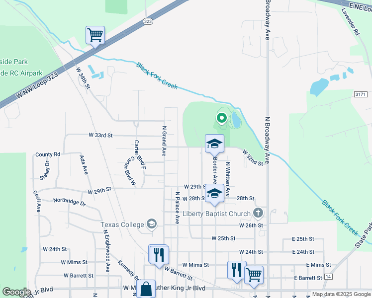 map of restaurants, bars, coffee shops, grocery stores, and more near 3022 Glass Avenue in Tyler