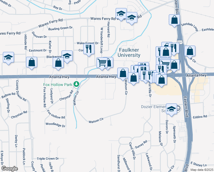 map of restaurants, bars, coffee shops, grocery stores, and more near 103 Lookout Ridge Road in Montgomery