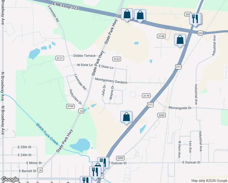 map of restaurants, bars, coffee shops, grocery stores, and more near 782 Diane Street in Tyler