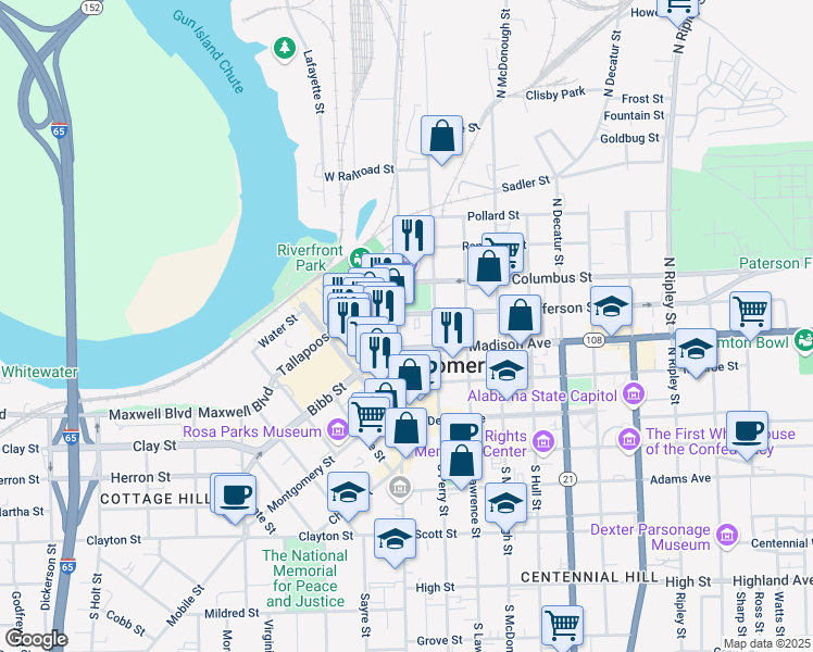 map of restaurants, bars, coffee shops, grocery stores, and more near 246 North Court Street in Montgomery