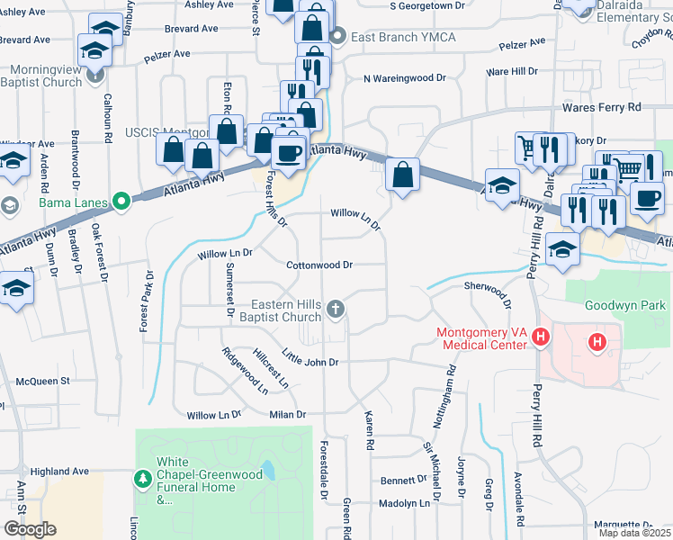 map of restaurants, bars, coffee shops, grocery stores, and more near 3508 Cottonwood Drive in Montgomery