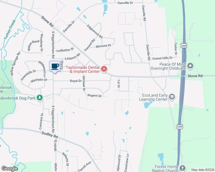 map of restaurants, bars, coffee shops, grocery stores, and more near 109 Eastridge Rd in Kilgore