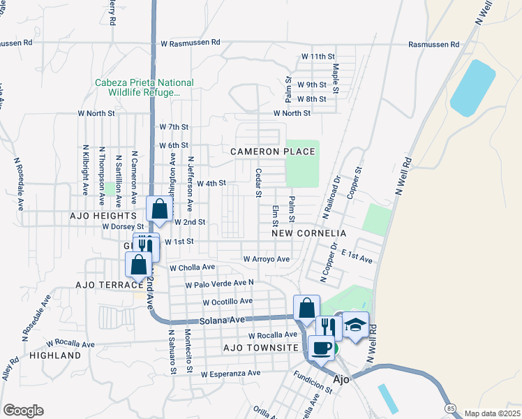 map of restaurants, bars, coffee shops, grocery stores, and more near 341 West 3rd Avenue in Ajo