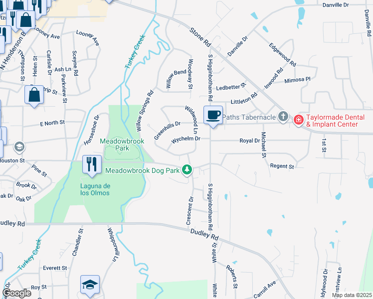 map of restaurants, bars, coffee shops, grocery stores, and more near 2200 Greenhills Drive in Kilgore