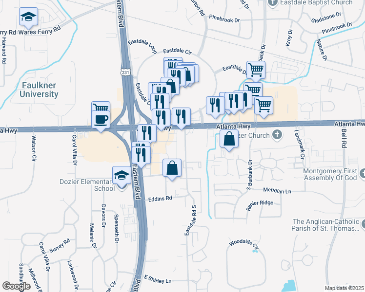 map of restaurants, bars, coffee shops, grocery stores, and more near 120 Eastdale Road South in Montgomery