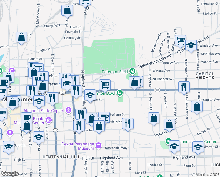 map of restaurants, bars, coffee shops, grocery stores, and more near 1021 Madison Avenue in Montgomery