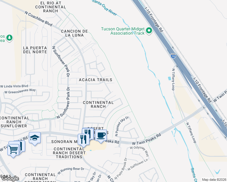 map of restaurants, bars, coffee shops, grocery stores, and more near 7381 West Sonesta Drive in Tucson