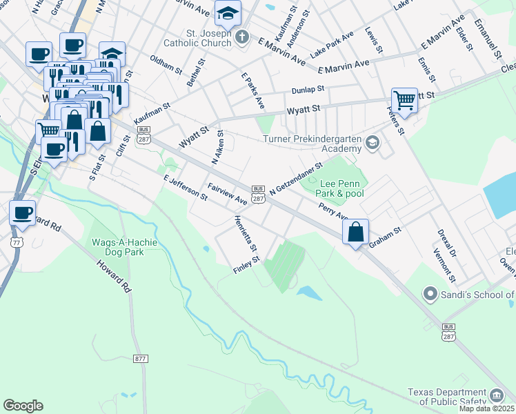map of restaurants, bars, coffee shops, grocery stores, and more near 103 South Getzendaner Street in Waxahachie