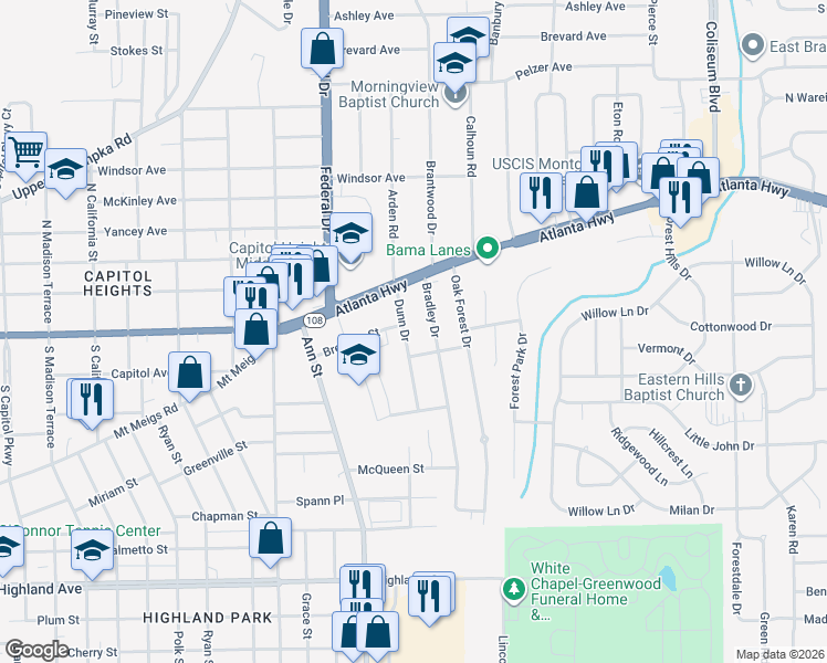 map of restaurants, bars, coffee shops, grocery stores, and more near 101 Dunn Drive in Montgomery