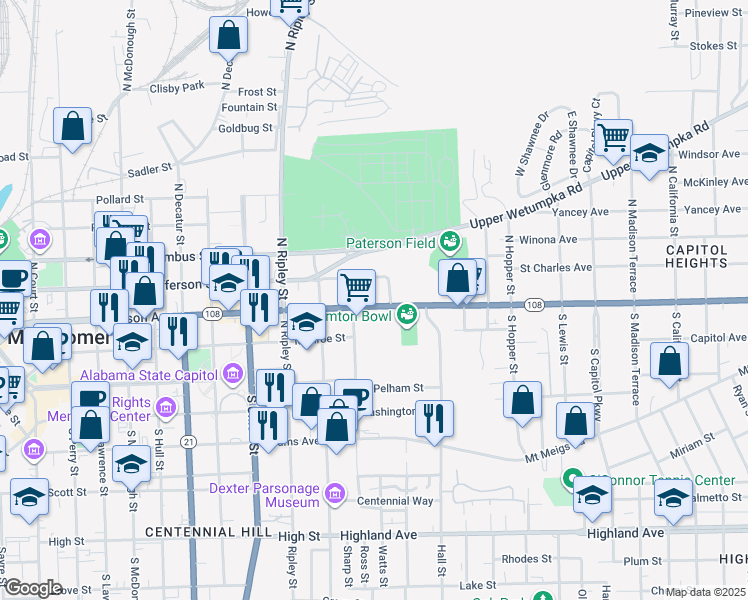 map of restaurants, bars, coffee shops, grocery stores, and more near 1001 Madison Avenue in Montgomery