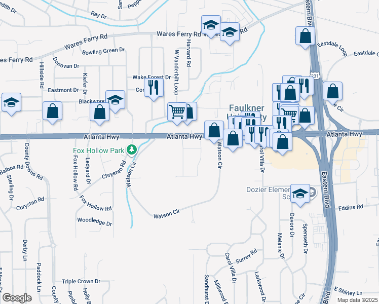 map of restaurants, bars, coffee shops, grocery stores, and more near 103 Lookout Ridge Road in Montgomery