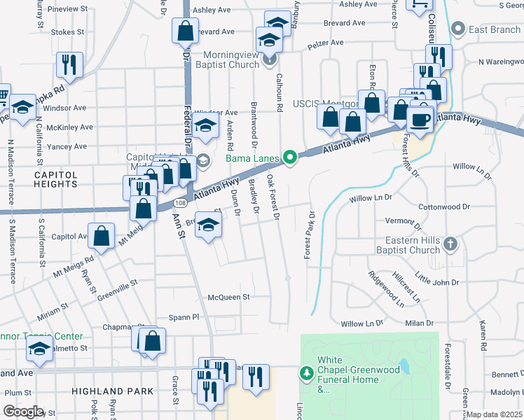 map of restaurants, bars, coffee shops, grocery stores, and more near 23 Bradley Drive in Montgomery