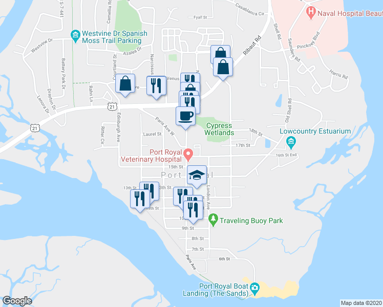 map of restaurants, bars, coffee shops, grocery stores, and more near 914A 16th Street in Port Royal