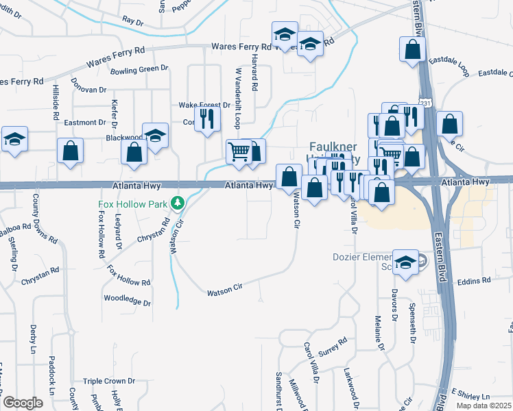 map of restaurants, bars, coffee shops, grocery stores, and more near 103 Lookout Ridge Road in Montgomery