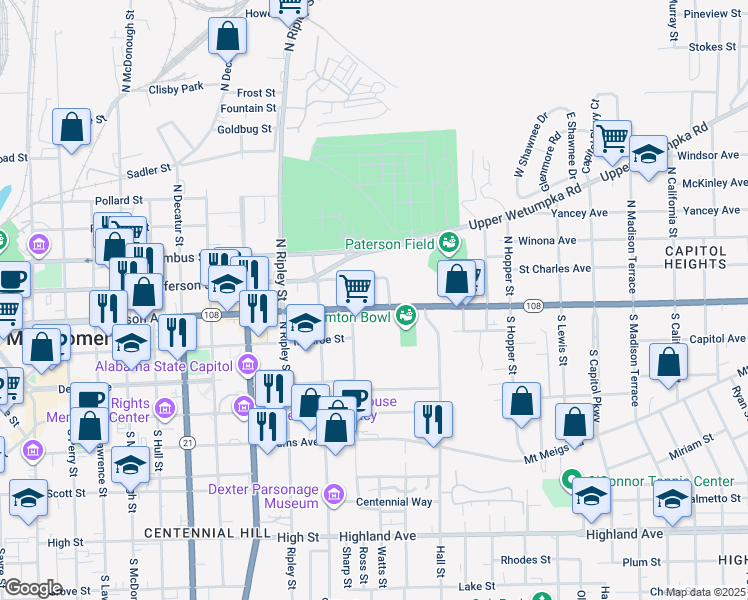 map of restaurants, bars, coffee shops, grocery stores, and more near 1001 Madison Ave in Montgomery
