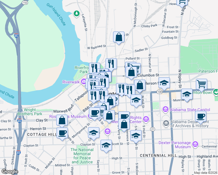 map of restaurants, bars, coffee shops, grocery stores, and more near 246 North Court Street in Montgomery