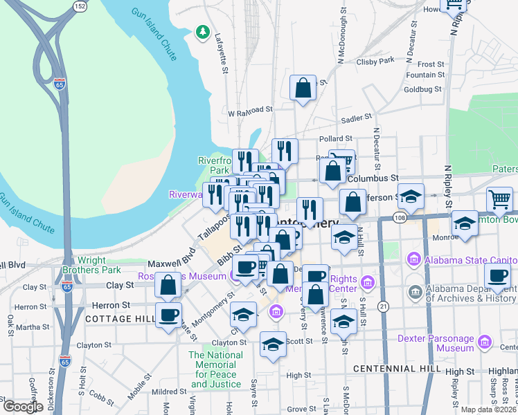 map of restaurants, bars, coffee shops, grocery stores, and more near 138 Coosa Street in Montgomery