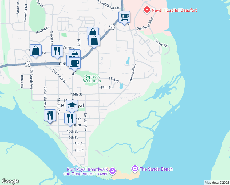 map of restaurants, bars, coffee shops, grocery stores, and more near 708 16th Street in Port Royal