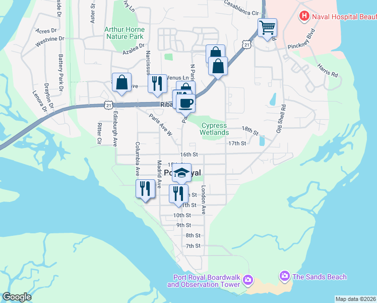 map of restaurants, bars, coffee shops, grocery stores, and more near 912B 16th Street in Port Royal