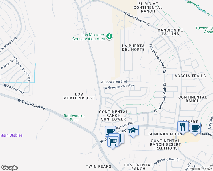 map of restaurants, bars, coffee shops, grocery stores, and more near 8104 West Greensleeves Way in Tucson