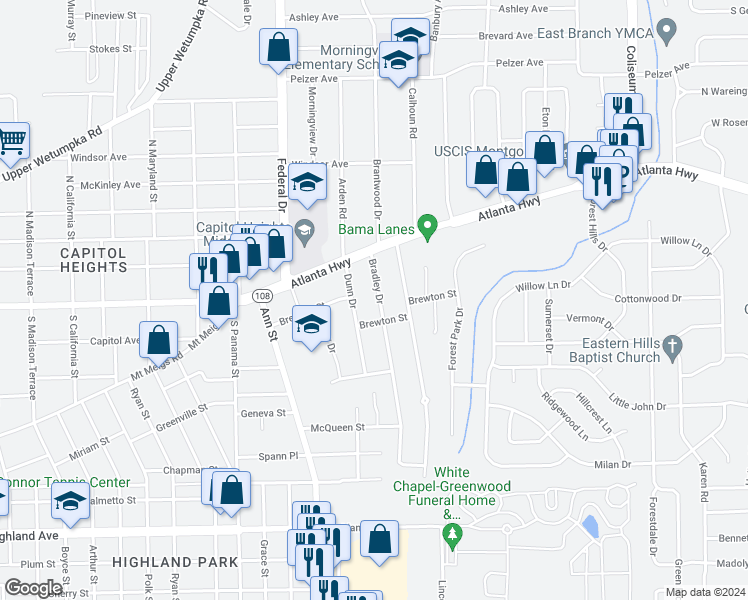 map of restaurants, bars, coffee shops, grocery stores, and more near 22 Bradley Drive in Montgomery