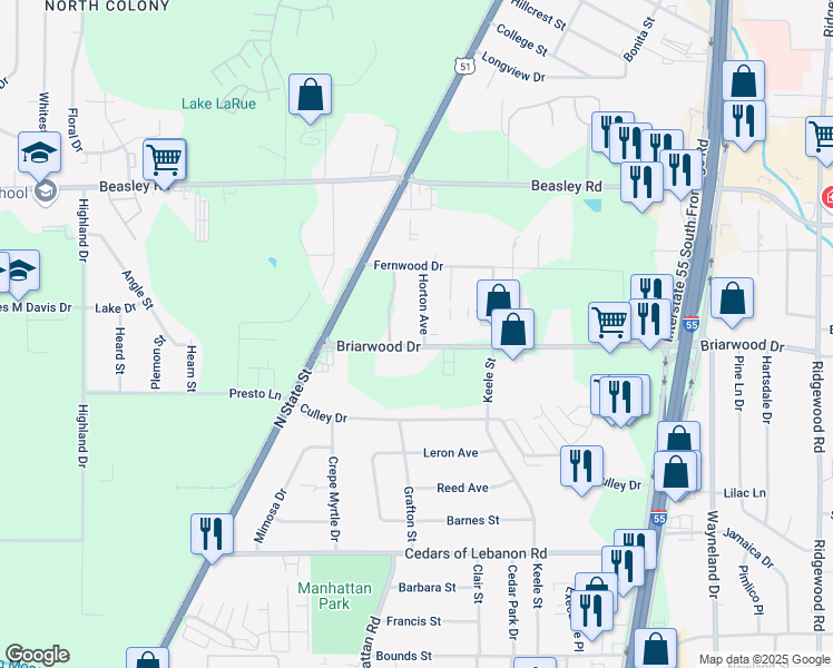map of restaurants, bars, coffee shops, grocery stores, and more near 168 Briarwood Drive in Jackson