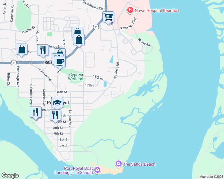 map of restaurants, bars, coffee shops, grocery stores, and more near 4 Lottery Lane in Port Royal