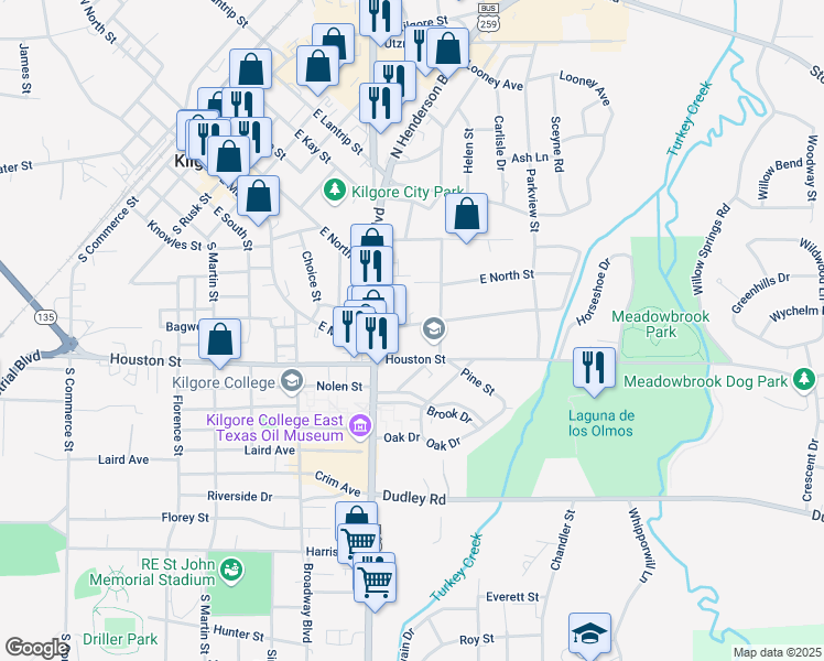 map of restaurants, bars, coffee shops, grocery stores, and more near 1024 Myrtle Street in Kilgore