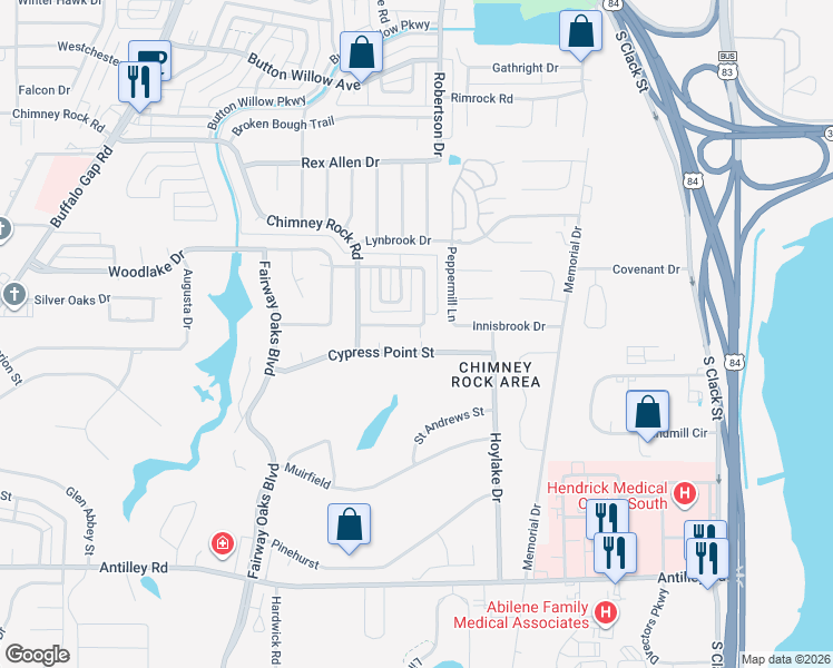 map of restaurants, bars, coffee shops, grocery stores, and more near 20 Cypress Point Street in Abilene