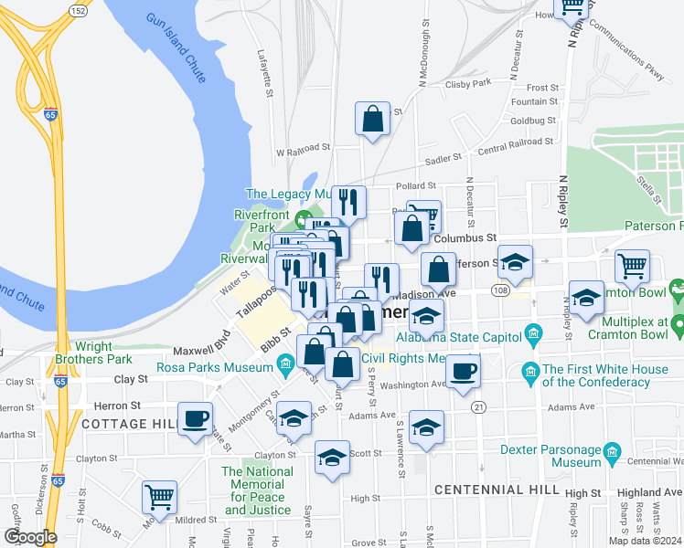 map of restaurants, bars, coffee shops, grocery stores, and more near 12 East Jefferson Street in Montgomery