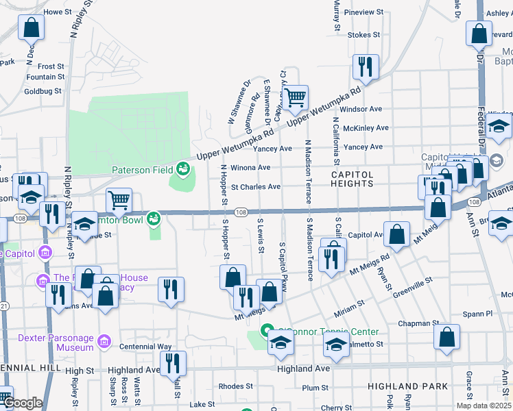 map of restaurants, bars, coffee shops, grocery stores, and more near 1549 Madison Avenue in Montgomery