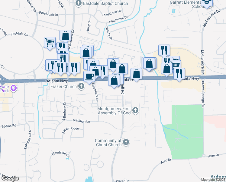 map of restaurants, bars, coffee shops, grocery stores, and more near 6200 Atlanta Highway in Montgomery