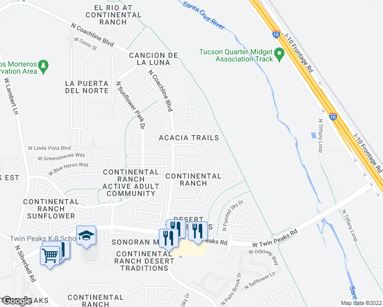 map of restaurants, bars, coffee shops, grocery stores, and more near 7502 West Mission View Place in Tucson
