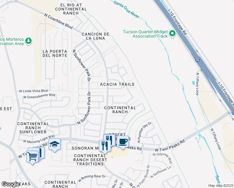 map of restaurants, bars, coffee shops, grocery stores, and more near 7533 West Mission View Place in Tucson