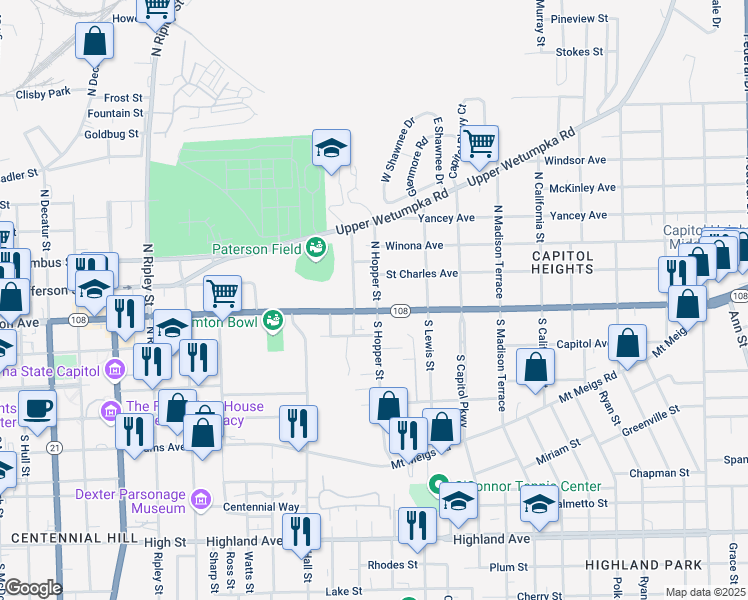 map of restaurants, bars, coffee shops, grocery stores, and more near 1 North Hopper Street in Montgomery