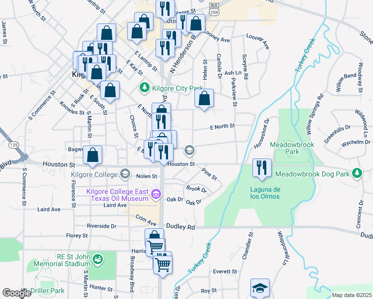 map of restaurants, bars, coffee shops, grocery stores, and more near 1024 Myrtle Street in Kilgore