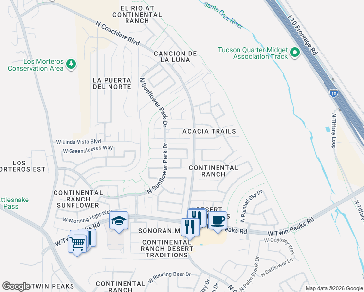 map of restaurants, bars, coffee shops, grocery stores, and more near 7622 West Starry Night Lane in Tucson