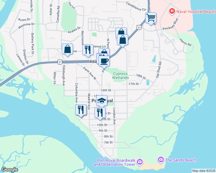 map of restaurants, bars, coffee shops, grocery stores, and more near 100 Tamara Lane in Port Royal