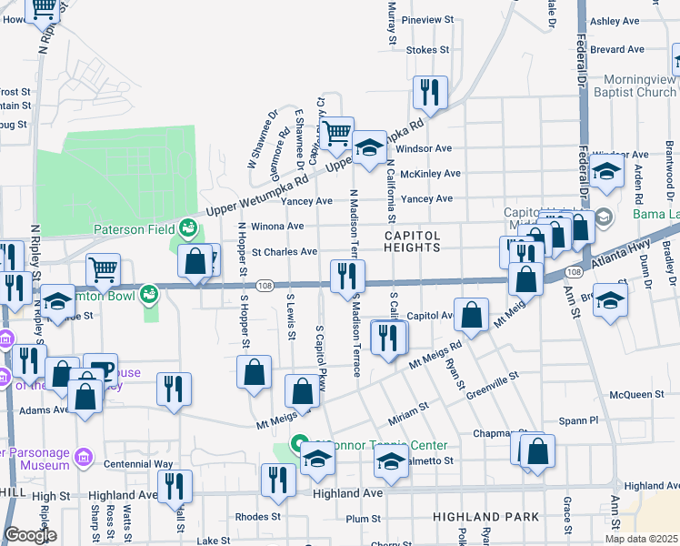 map of restaurants, bars, coffee shops, grocery stores, and more near 1709 Madison Avenue in Montgomery