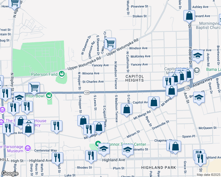 map of restaurants, bars, coffee shops, grocery stores, and more near 1709 Madison Avenue in Montgomery