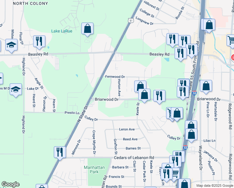 map of restaurants, bars, coffee shops, grocery stores, and more near 168 Briarwood Drive in Jackson