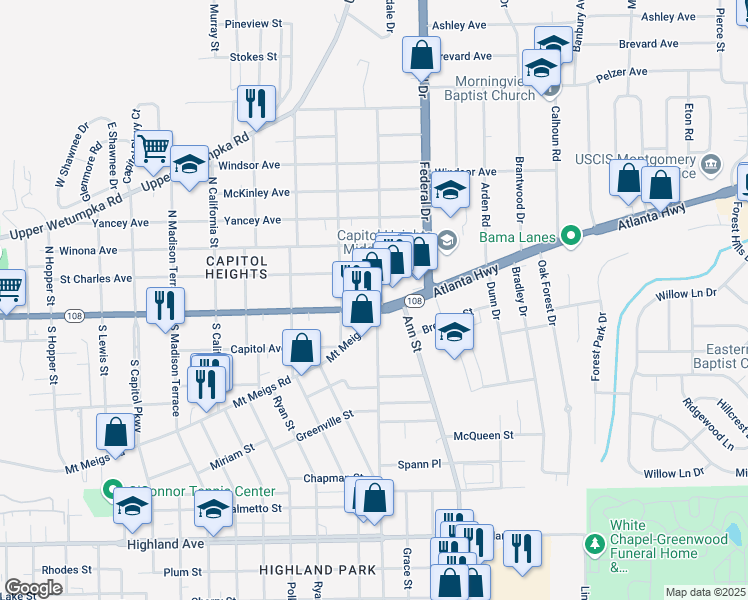 map of restaurants, bars, coffee shops, grocery stores, and more near 2239 Madison Avenue in Montgomery