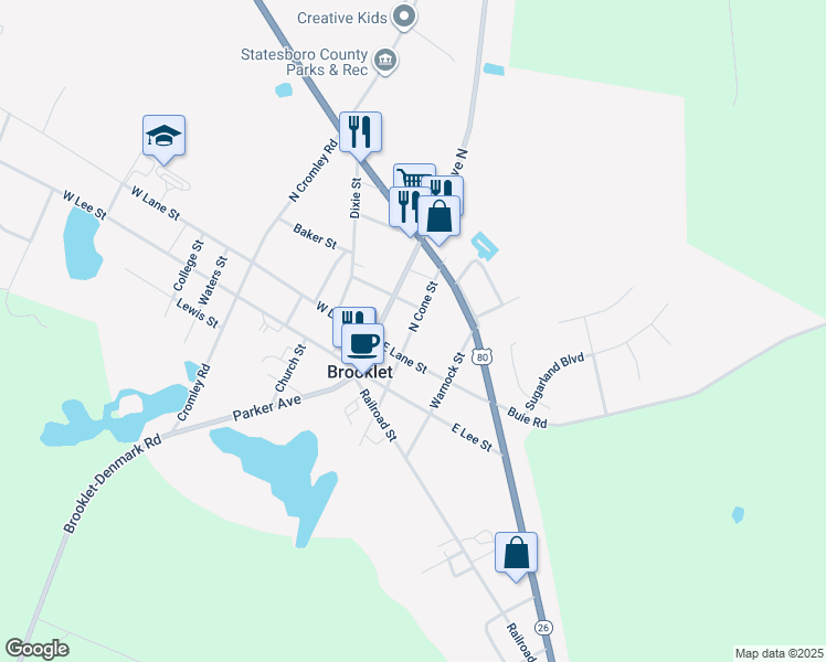 map of restaurants, bars, coffee shops, grocery stores, and more near 201 East Lane Street in Brooklet