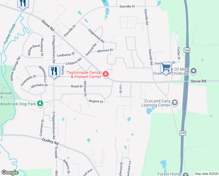 map of restaurants, bars, coffee shops, grocery stores, and more near 109 Eastridge Road in Kilgore